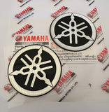 2 x YAMAHA 50mm TUNING FORK LOGO DECALS EMBLEMS STICKERS - BLACK/SILVER