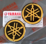 2 x YAMAHA 45mm TUNING FORK LOGO DECALS EMBLEMS STICKERS - BLACK/GOLD