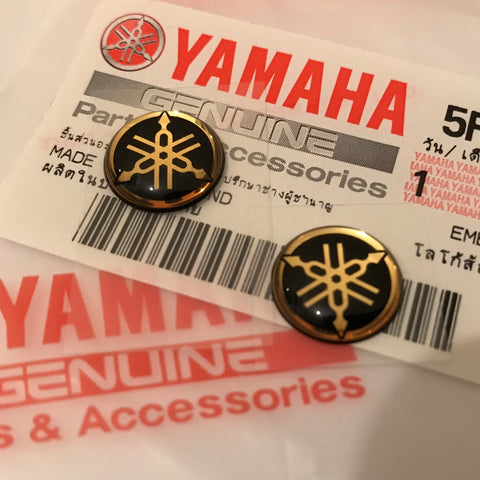 2 x YAMAHA 12mm TUNING FORK LOGO DECALS EMBLEMS STICKERS - GOLD/BLACK