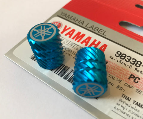 2 x Yamaha Tyre Wheel Dust Valve Caps Tuning Fork Half Knurled Finish - BLUE