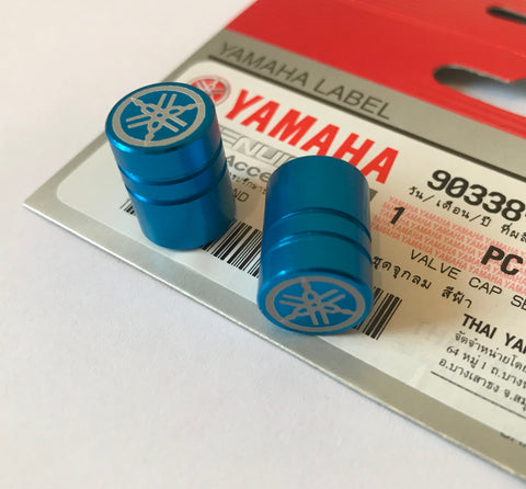 2 x Yamaha Tyre Wheel Dust Valve Caps Tuning Fork Plain Finish - BLUE