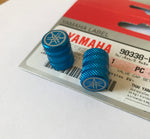 2 x Yamaha Tyre Wheel Dust Valve Caps Tuning Fork Knurled Finish - BLUE