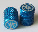 2 x Yamaha Tyre Wheel Dust Valve Caps Tuning Fork Half Knurled Finish - BLUE