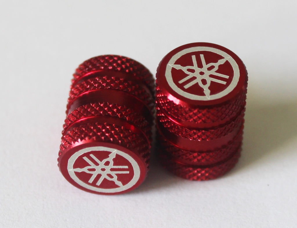 2 x Yamaha Tyre Wheel Dust Valve Caps Tuning Fork RED Knurled Finish 2 x Yamaha Tyre Wheel Dust Valve Caps Tuning Fork RED Knurled Finish