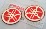 2 x YAMAHA 40mm TUNING FORK LOGO DECAL EMBLEM STICKER - RED/SILVER