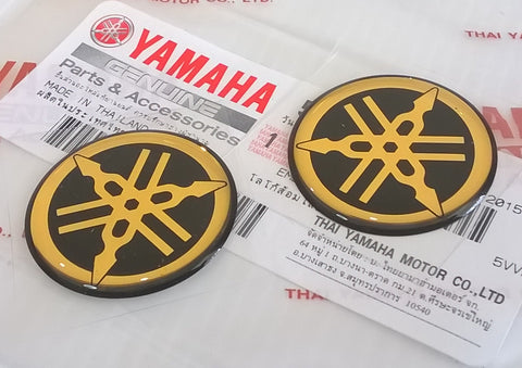 2 x YAMAHA 30mm TUNING FORK LOGO DECALS EMBLEMS STICKERS - BLACK/GOLD