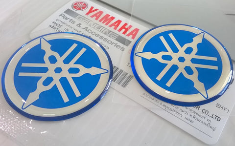 2 x YAMAHA 40mm TUNING FORK LOGO DECAL EMBLEM STICKER - BLUE/SILVER