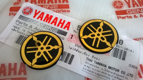 2 x YAMAHA 25mm TUNING FORK LOGO DECALS EMBLEMS STICKERS - BLACK/GOLD