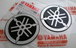 2 x YAMAHA 50mm TUNING FORK LOGO DECALS EMBLEMS STICKERS - BLACK/SILVER