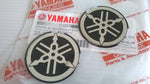 2 x YAMAHA 40mm TUNING FORK LOGO DECALS EMBLEMS STICKERS - BLACK/SILVER