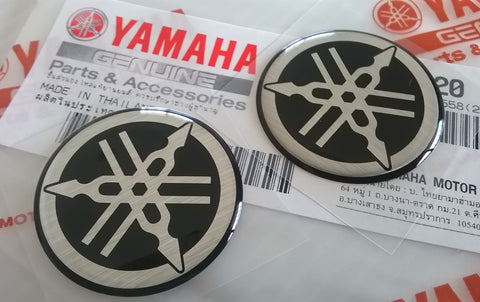 2 x YAMAHA 30mm TUNING FORK LOGO DECALS EMBLEMS STICKERS - BLACK/SILVER